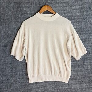 Visitor Poeta Moda Silk Cotton Knit Mock Neck Short Sleeve Sweater Cream Large